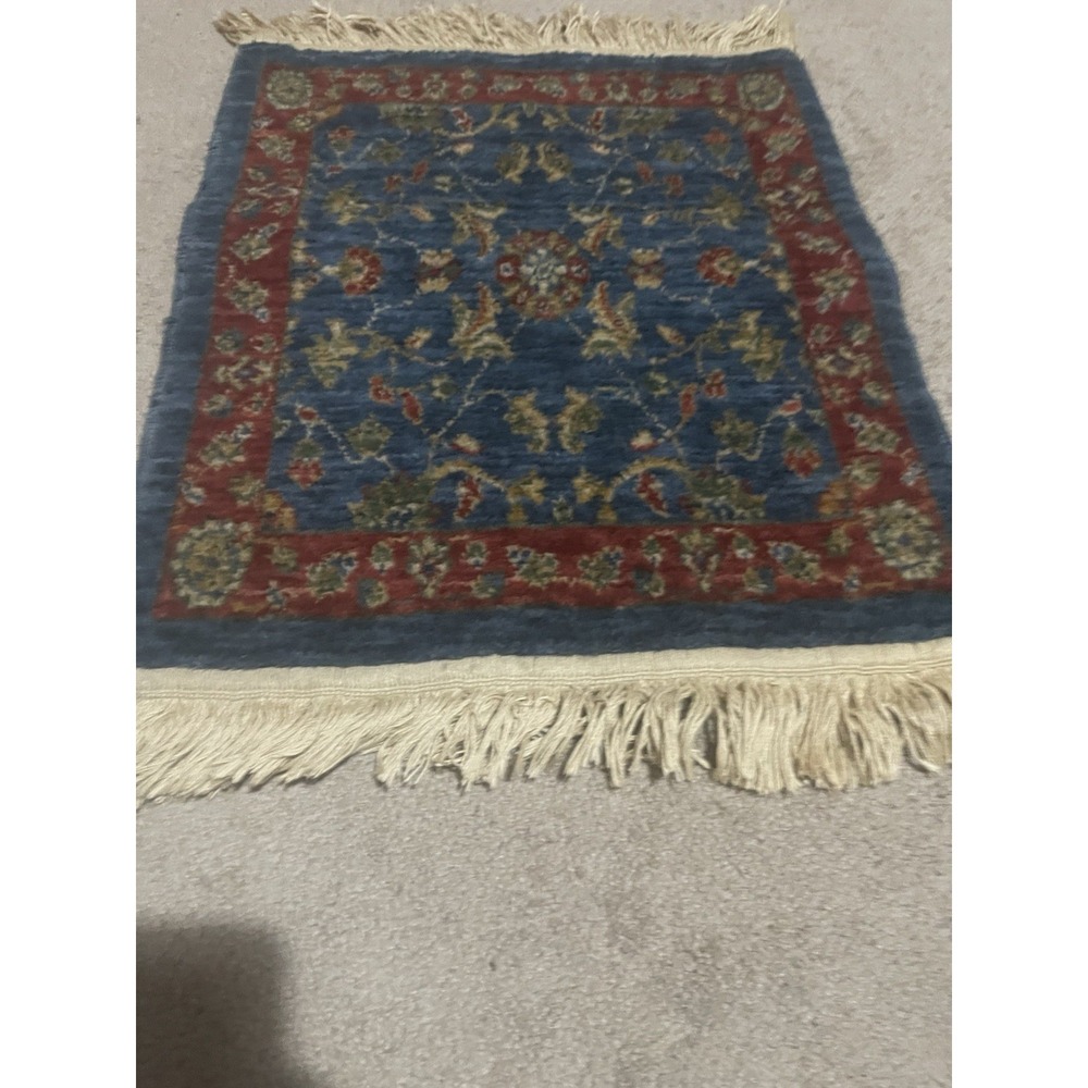 Handmade Navy Wool Floral Oriental Rug 28x20inches - Picture 2 of 5